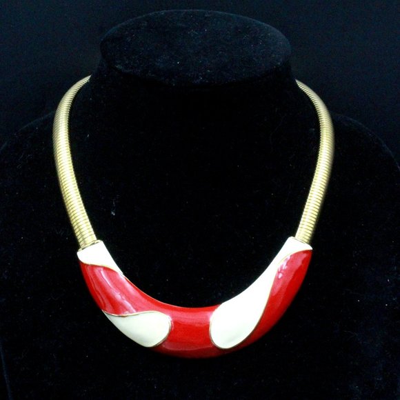 Monet Red Beige Enamel Wide Modernist Omega Choker Collar Necklace - Picture 1 of 10